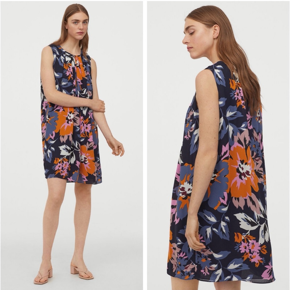 H&M A-Line Dark Blue Large Flower Sleeveless Dress